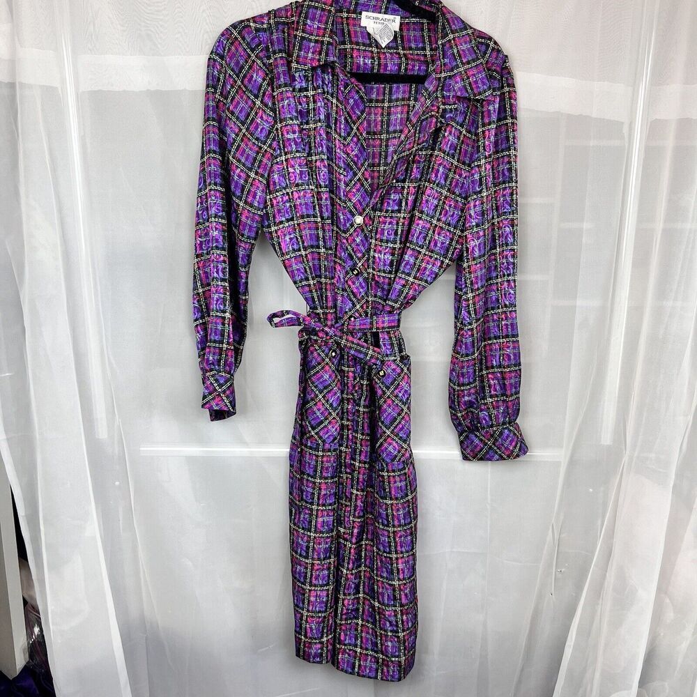 Vintage 80s Schrader plaid satin shirt dress sz 16p retro academia belted